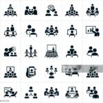 A set of icons illustrating business meetings, seminars, lectures and presentations. The icons include business meetings, presenters, employees, boardroom meetings, online meetings, small meetings, large meetings, presentations, conventions, seminars, one on one meetings, web conferences, webinars and other business type meetings.