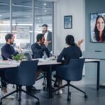 Businesspeople do Video Conference Call with Big Wall TV in Office Meeting Room. Diverse Team of Creative Entrepreneurs at Big Table have Discussion. Specialists work in Digital e-Commerce Startup